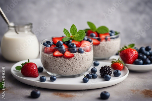 chia seeds pudding with blueberries and strawberries