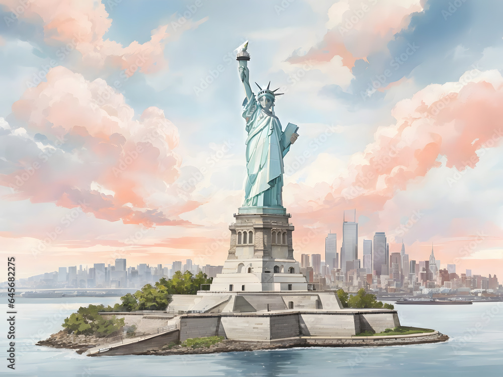 Fototapeta premium 水彩画背景_世界旅行_アメリカ_女神像_03
