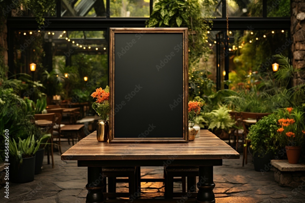 Garden inspired dining A blank menu blackboard, complemented by lush potted greenery