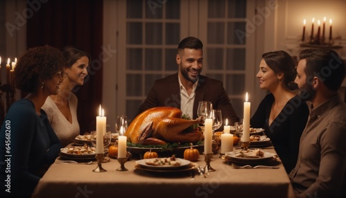 Thanksgiving family dinner with turkey and candlelight. Thanksgiving Day holiday celebration
