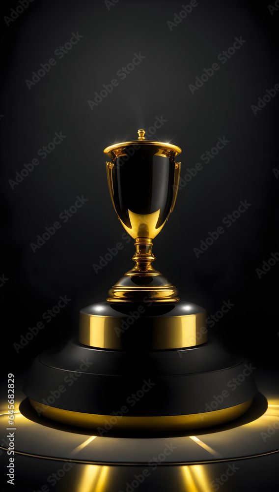 Shining Golden Trophy Cup on Black Podium Illuminated by Light Against a Bold Black Background Shining Golden Trophy Cup on Black Podium Illuminated by Light Against a Bold Black Background
