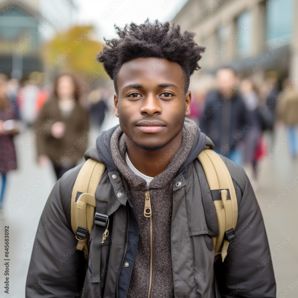 Young black refugee with backpack leaving European Study Center Young black refugee with backpack leaving European Study Center