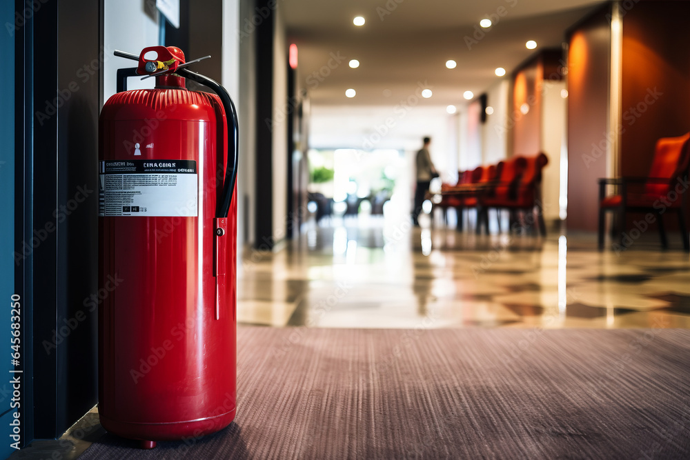 Fire extinguisher and fire hose reel in hotel corridor - obrazy, fototapety, plakaty 
