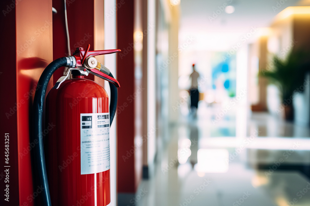 Fire extinguisher and fire hose reel in hotel corridor StockFoto