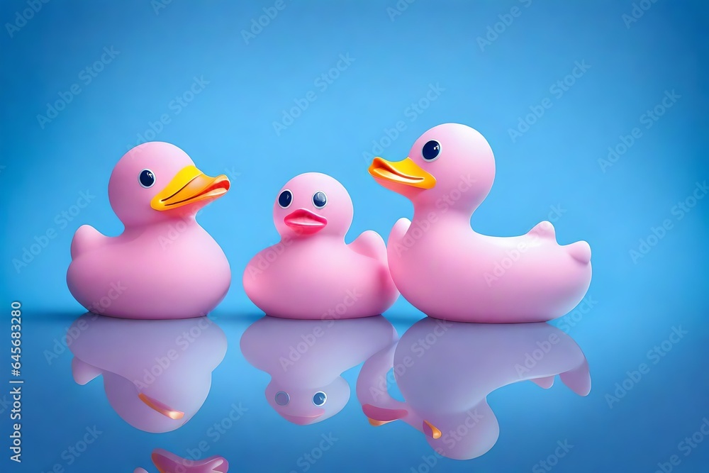 pink rubber ducks on blue background
