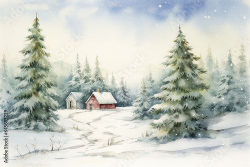 watercolour illustration of a colorful snowy christmas forest snow December cottage core in a painted textured style with pine trees for cards/journal/stationary design hand drawn look