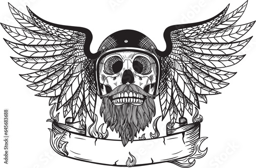 Skull with Beard SVG, Skull with Wings SVG, Biker Skull SVG, Bearded Skull SVG, Hand-Drawn Skull Illustration, Motorcycle Rider SVG, Tattoo Style SVG, Motorcycle Club Design, Biker Artwork, Cool Skull