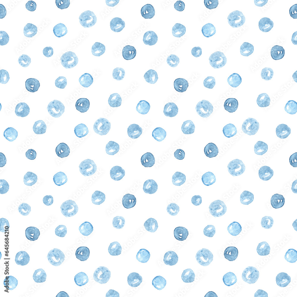 Hand drawn watercolor seamless pattern with blue colored round snowflakes on white background.Winter christmas, xmas, new year decor wrapping paper backdrop.