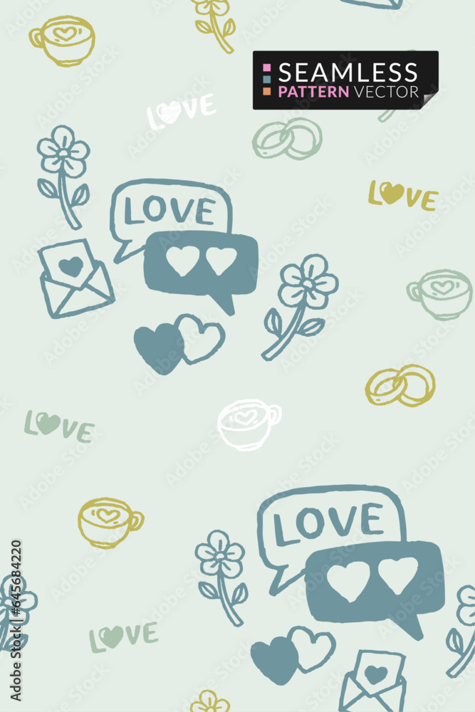 3 color sets of seamless graphic patterns featuring hand-drawn cute love and Valentine-themed doodle elements