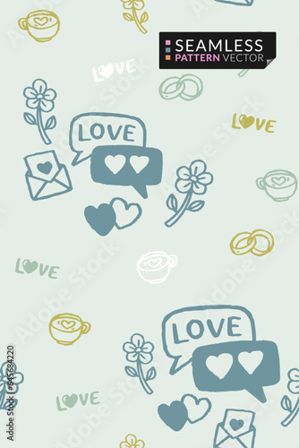 3 color sets of seamless graphic patterns featuring hand-drawn cute love and Valentine-themed doodle elements © Chonnajak.Bk