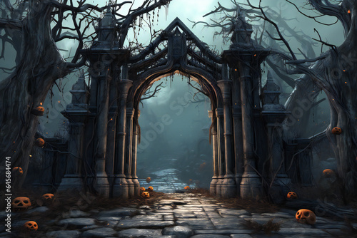 Halloween background with haunted castle  spooky landscape 