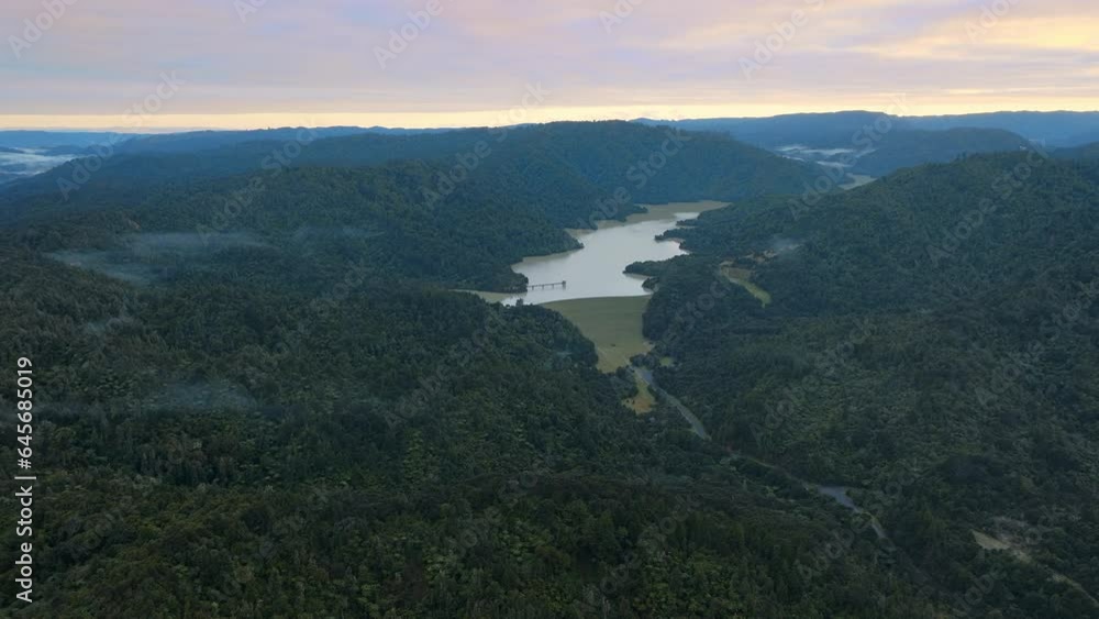 Aerial: Water reservoir in Hunua ranges, auckland, new zealand Aerial: Water reservoir in Hunua ranges, auckland, new zealand