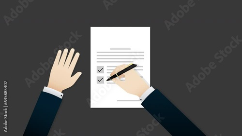 Animation of Businessman tick in the checkbox and signing and stamping on a Document form, transparent background, alpha channel included.