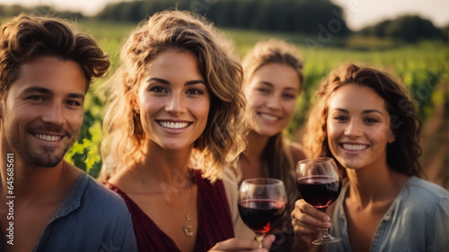 image of friends toasting wine in a vineyard in the daytime outdoors. Happy friends having fun outdoors. Young people enjoying harvest time together outdoors in countryside in a vineyard.