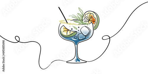 Cocktail continuous line art drawing on white background. Summer drinks outline. Drinks for cafe or bar menu vector illustration