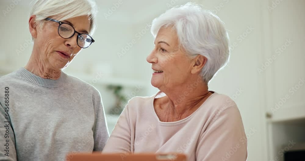 Tablet, app and senior woman friends browsing the internet while in their home for retirement. Technology, smile and surprise with elderly people using social media for good news or information Tablet, app and senior woman friends browsing the internet while in their home for retirement. Technology, smile and surprise with elderly people using social media for good news or information