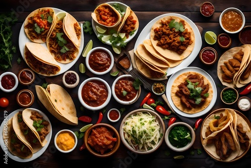 A traditional Mexican taco platter with a variety of fillings and salsas.