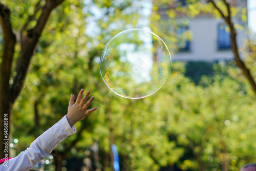 A hand touches a delicate soap bubble in the sunlight, among vegetation and flowers.