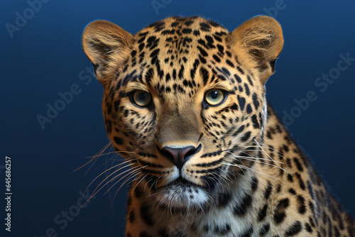 Close-up portrait of a leopard on a blue background