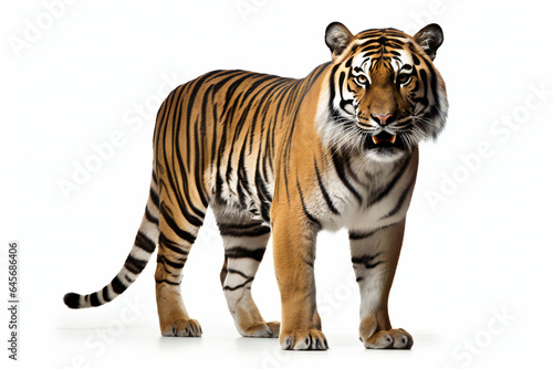 Tiger standing isolated on white background, front view, side view