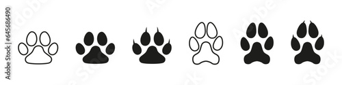 Paw footprint. Dog cat foot print. Pet foot trace vector set. Isolated animal footprint on white background.