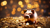 Vibrant Enticing Photo of Ceramic Piggy Bank Against Shimmering Money Backdrop Symbolizing Savings and Financial Growth. Financial Planning and Saving Concept. 