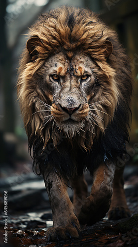 A Big Fierce Male Lion Face Walking in Forest and Looking At Camera Selective Focus © Image Lounge