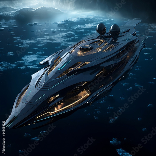A sci-fi superyacht spaceship with black tinted wind - Generative ai  © Art