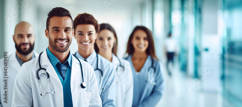 hospital, profession, people and medicine concept - group of smiling doctors over hospital background. Banner with Copy space.