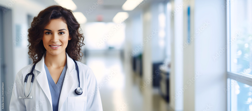 Young female doctor working at the hospital. Medical and healthcare concept. Banner with Copy space.