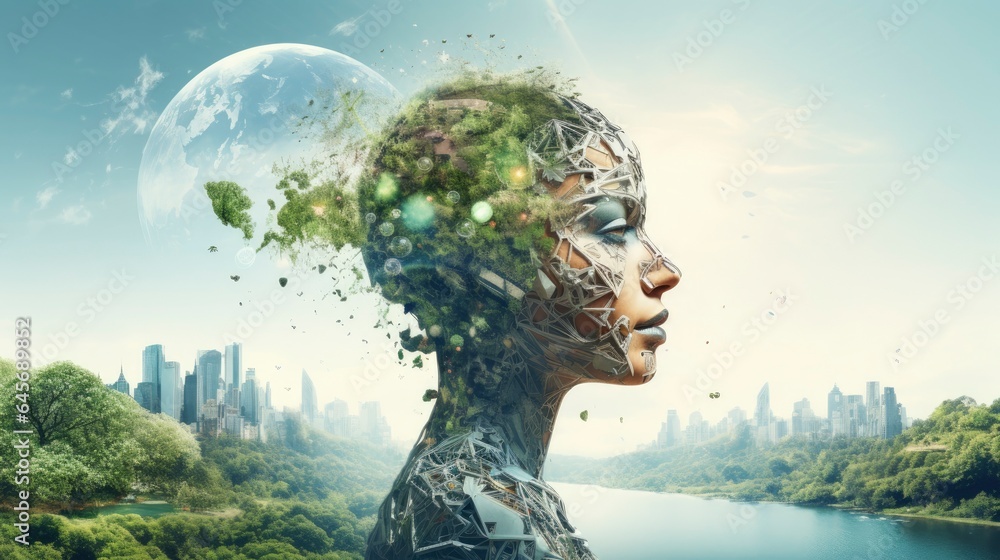 Futuristic, eco, nature, biodiversity, global, economic, environment, people, well - being, collage, Generative AI