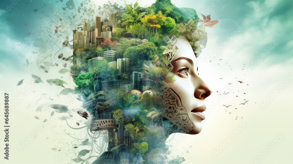 Futuristic, eco, nature, biodiversity, global, economic, environment, people, well - being, collage, Generative AI
