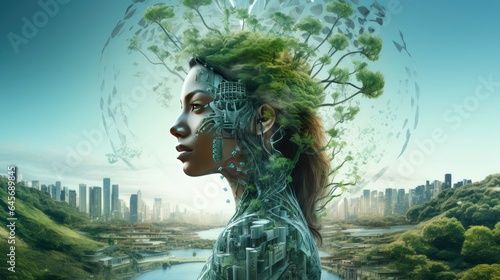 Futuristic, eco, nature, biodiversity, global, economic, environment, people, well - being, collage, Generative AI © kanesuan