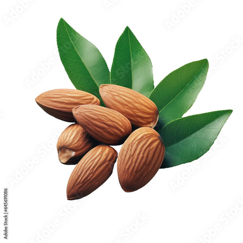 Almond nuts and leaves isolated on a transparent background