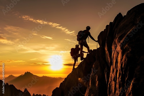 Hiker helping friend reach the mountain top, Teamwork concept, Generative Ai illustration