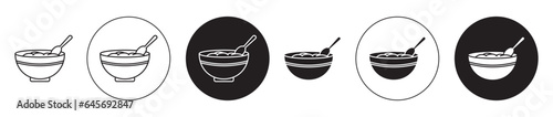 porridge icon set. cereal bowl vector symbol. rice food meal bowl with spoon sign in black filled and outlined style.