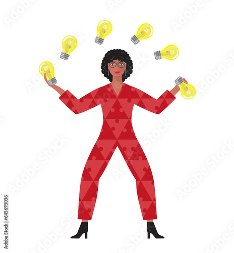 Woman juggling with ideas. Isolated. Brainstorming, inventor, solutions and creativity. Isolated. Vector illustration.