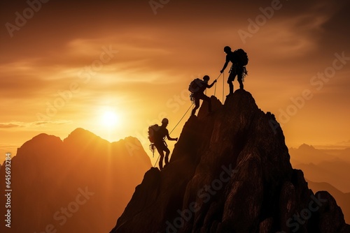 Hiker helping friend reach the mountain top  Teamwork concept  Generative Ai illustration