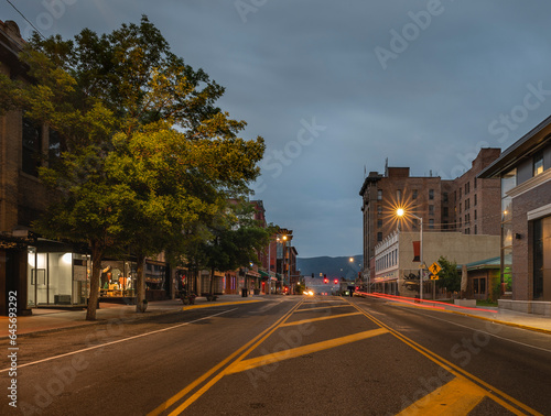 Traffic on a night street in downtown Butte, Montana, United States