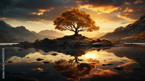 Big Yellow Leaf's Tree Reflact in Water At Small Water Lake and Mountains Under Blue Sky Fluffy Clouds photo