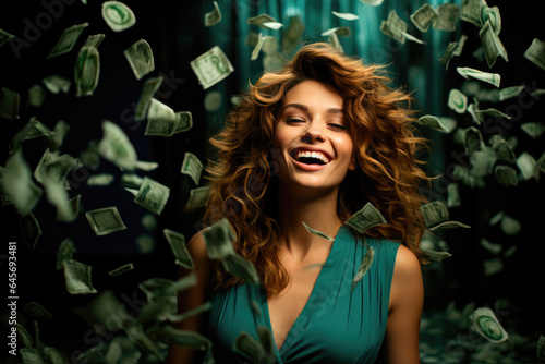 Smiling happy young woman rejoices in the money that falls on top of her © Sunshine