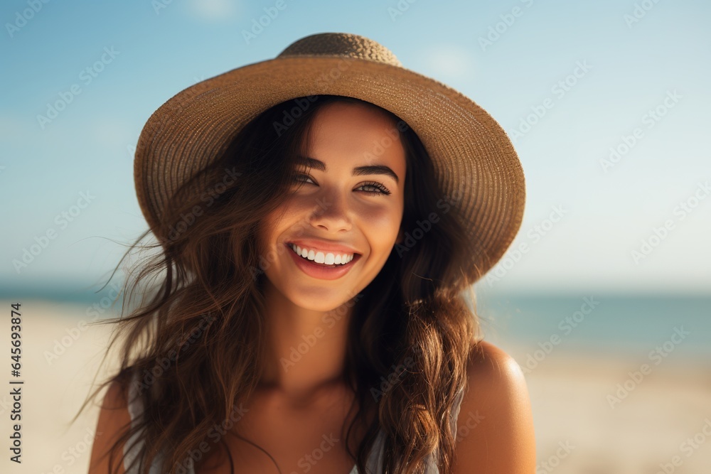 Portrait of joyful Brown haired wearing hat at beach.
