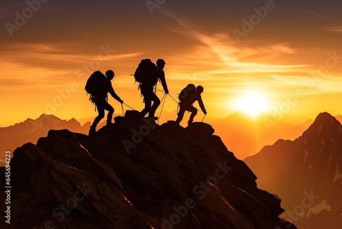 Hiker helping friend reach the mountain top, Teamwork concept, Generative Ai illustration © Vilaysack