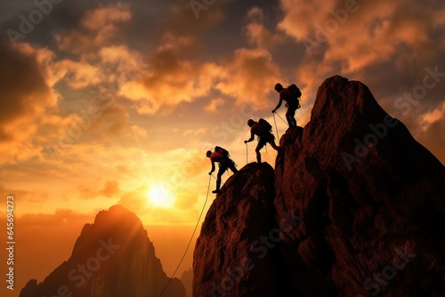 Hiker helping friend reach the mountain top, Teamwork concept, Generative Ai illustration