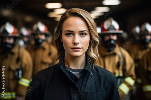 Young female firefighter standing in fire station.
