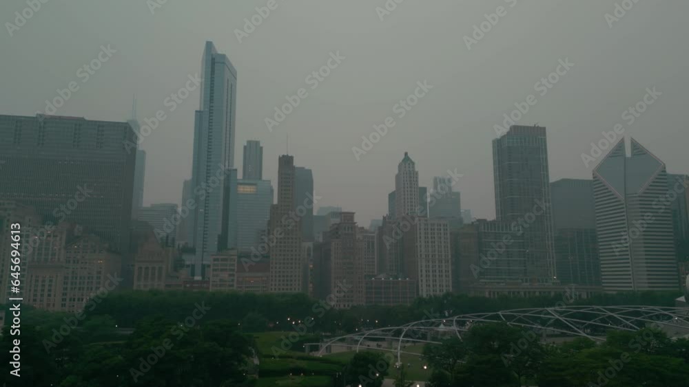 Smoky Air  From Canadian Wildfires Blankets Midwestern Skies Chicago.  aerial view