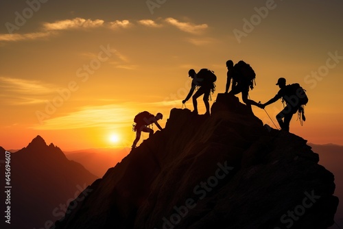 Hiker helping friend reach the mountain top, Teamwork concept, Generative Ai illustration © Vilaysack