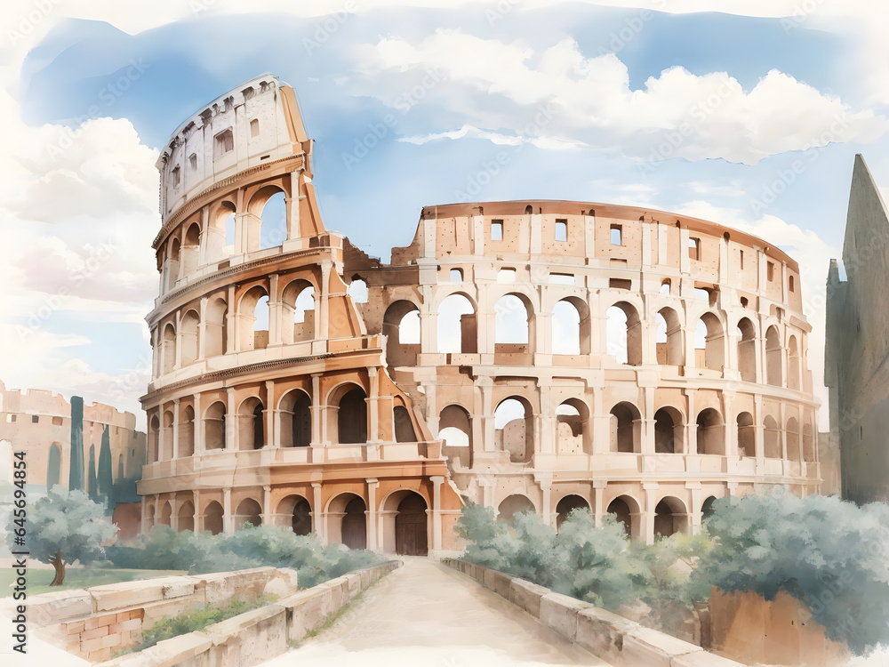 Fototapeta premium 水彩画背景_世界旅行_イタリア_コロッセオ_02