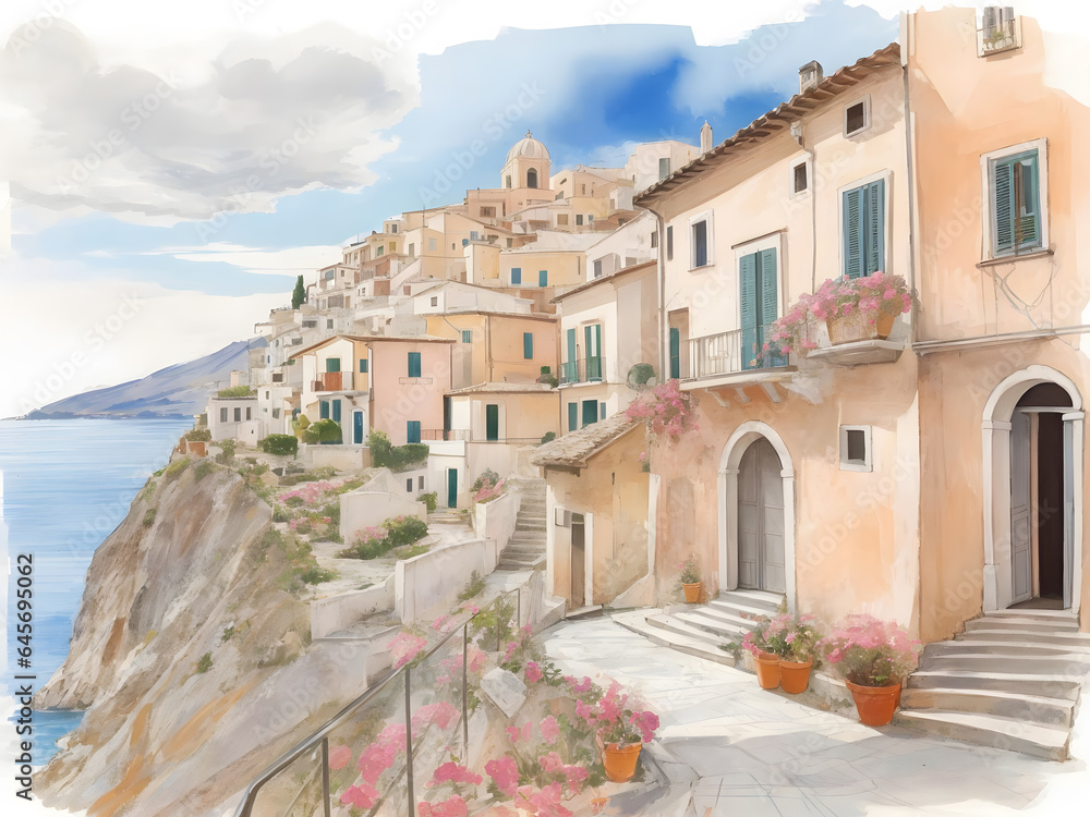 Fototapeta premium 水彩画背景_世界旅行_イタリア_シチリア_01