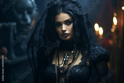 Gothic dark style mysterious woman in elaborate makeup and clothing